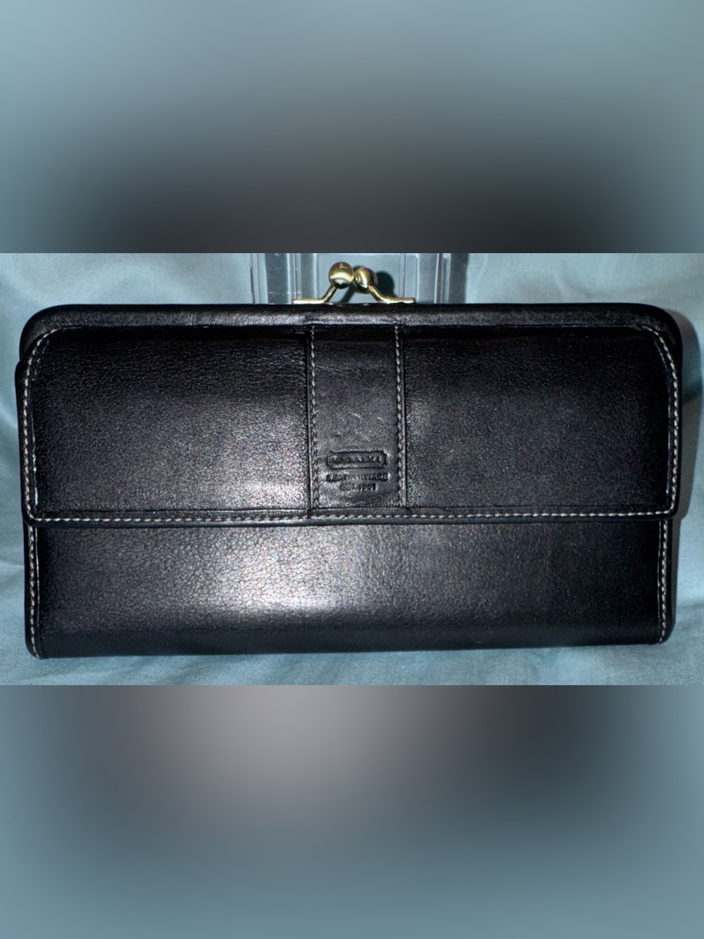 Coach Black Leather Kiss-Lock Wallet with Gold Hardware